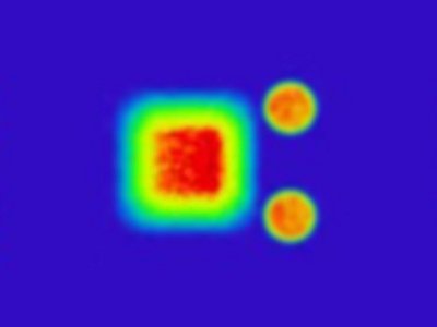 Three heatmaps showing the Triple Spot method with spots intensifying from green to red on blue by Laserline diode lasers