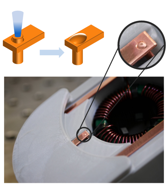 Copper lectrical contacts sample conntected with through-hole connection method with blue laser by Laserline diode lasers