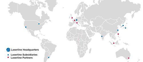 Locations of Laserline distributors and subsidiaries on a world map by Laserline diode lasers