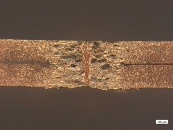 Close-up of two copper sheets welded together with a butt weld by Laserline diode lasers