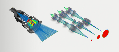 Graphic showing OTZ Zoom optic's spot size flexibility, adapting to different workpiece geometries by Laserline diode lasers